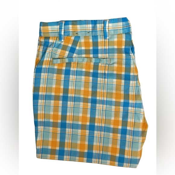 Slazenger Men’s Golf Shorts Size 32x10 Orange Blue Plaid Stretch Flat Front - Picture 2 of 2